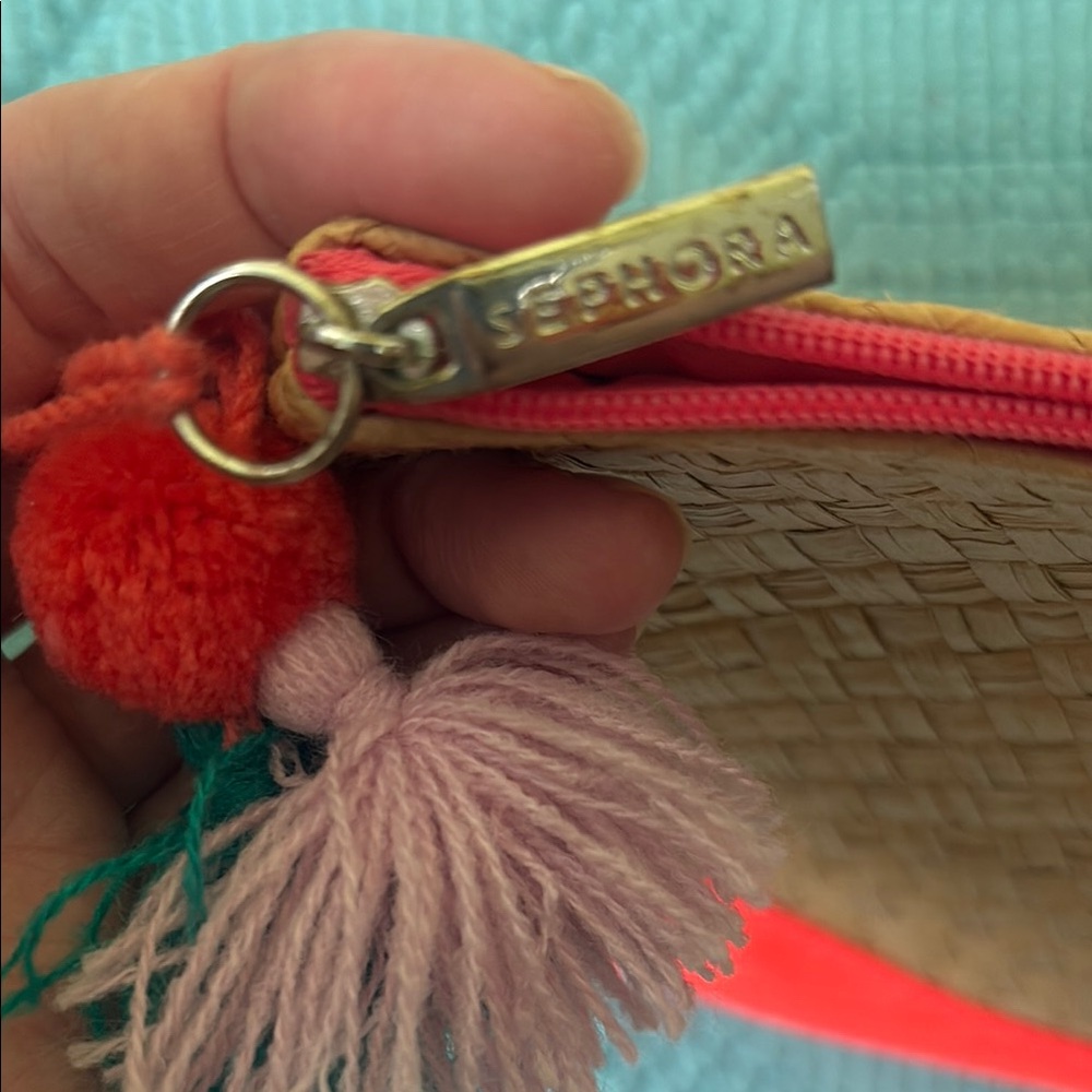 Stylish Tan Straw and Neon Red Women's Clutch or Cosmetics Bag with PomPom - Picture 3 of 3
